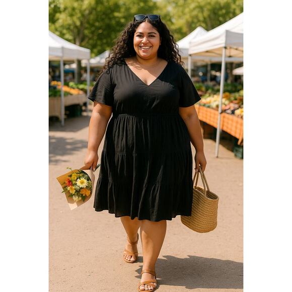 Old Navy Black Tiered V-Neck Dress 4X Plus Size NWT Lightweight Flowy - Picture 1 of 11